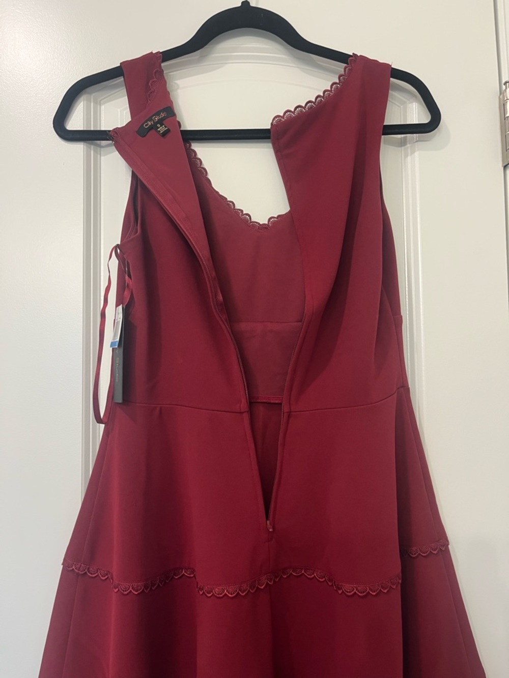 City Studio Burgundy Scalloped V-Neck Fit & Flare A-line Mini Dress Sz 9 NWT - Picture 10 of 12